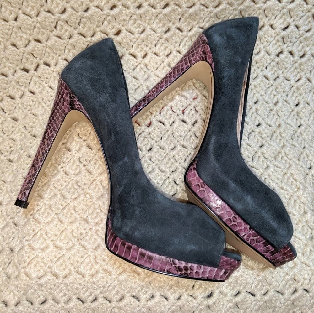 Joan & David suede peep toe platforms Teal/purple